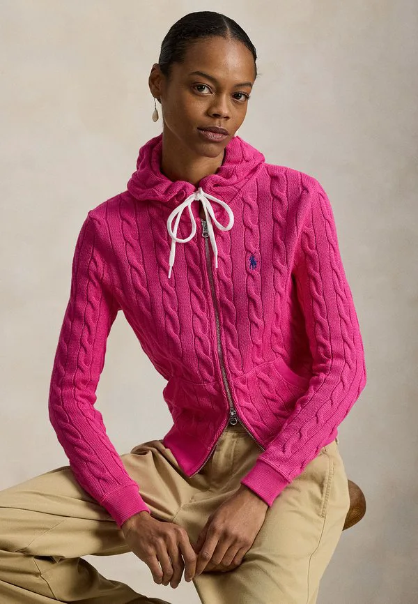 Хлопковый кардиган-худи на молнии с косами Polo Ralph Lauren, Accent Pink — фото 4