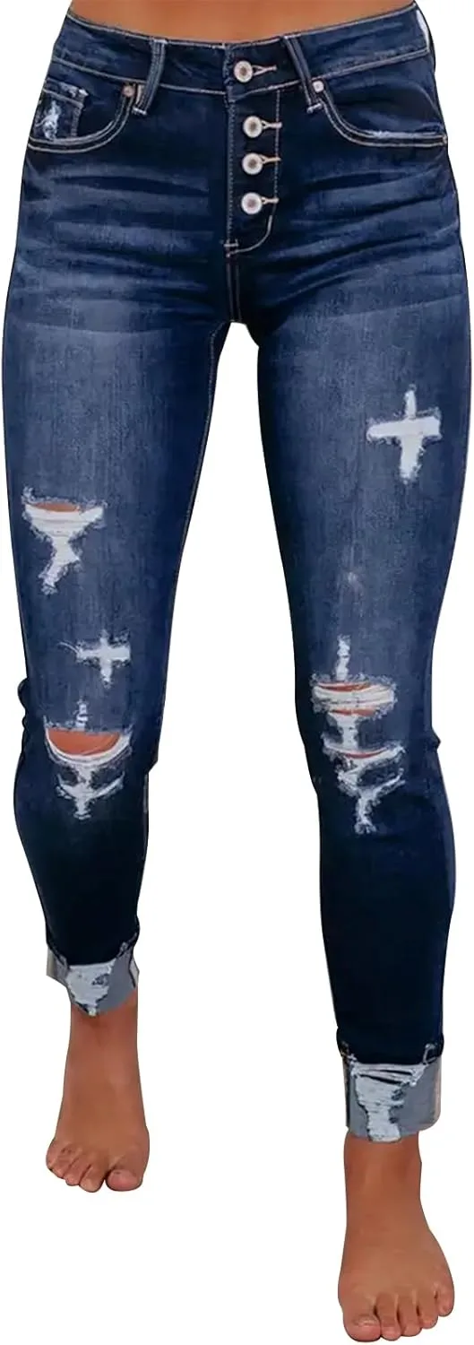 

KUNMI Женские рваные джинсы Skinny Fit с потертостями