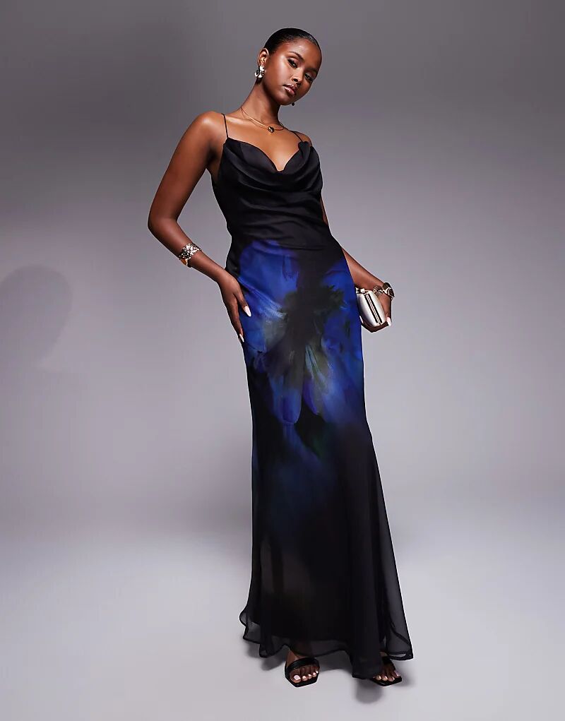 

Платье макси ASOS DESIGN с глубоким вырезом и вырезом-хомутиком, декоративным элементом на спине, фиолетовым цветочным принтом