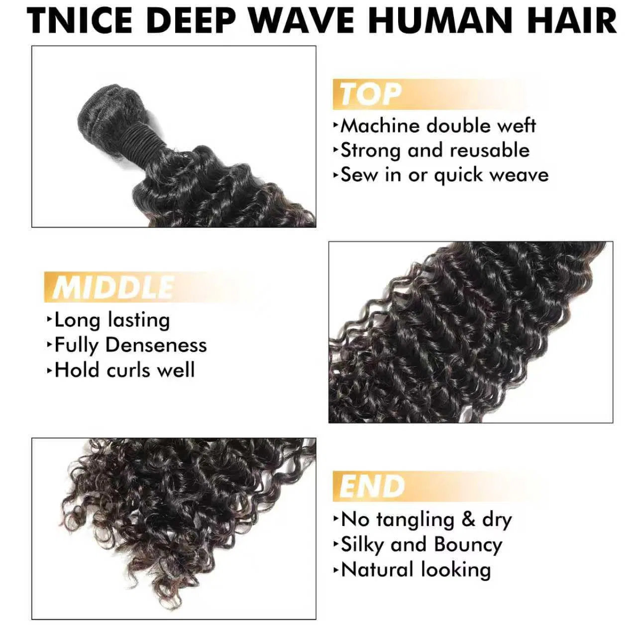 Комплект из 3 пучков натуральных волос Deep Wave, 14, 16, 18 дюймов Tnice, Black Bundle — фото 4