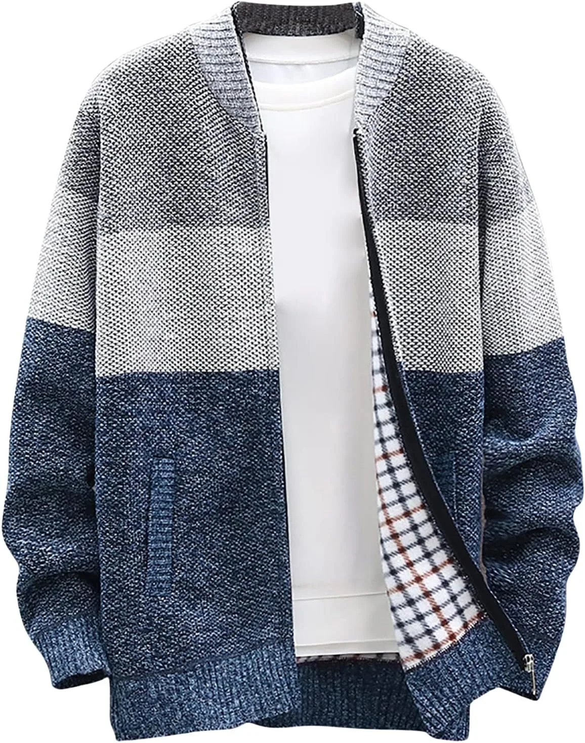 

Мужской вязаный кардиган с воротником стойкой, полная молния, утепленный флисом, обычный крой CHXLQQX