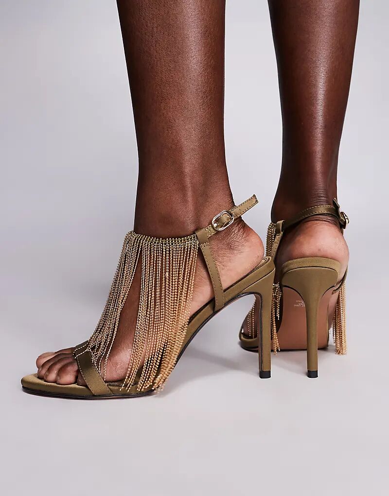 Босоножки Noelle на высоком каблуке с бахромой от ASOS DESIGN из оливкового атласа — фото 3