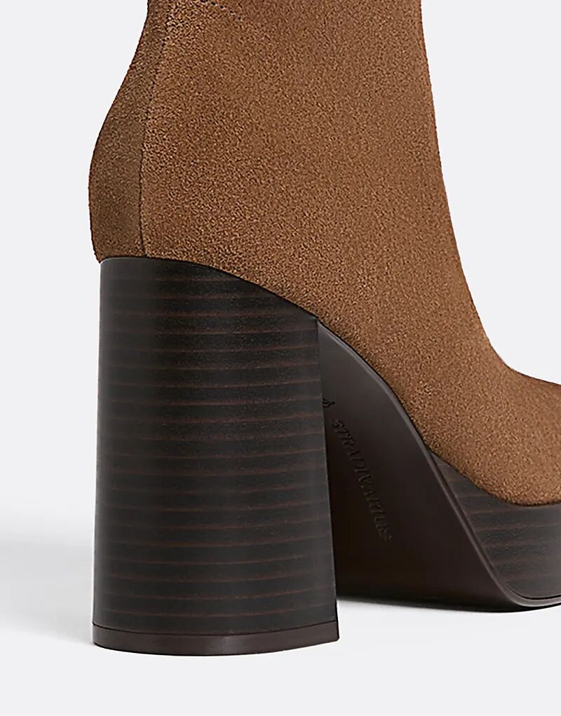 Ботильоны Stradivarius из кожи на высоком каблуке коричневого цвета — фото 2