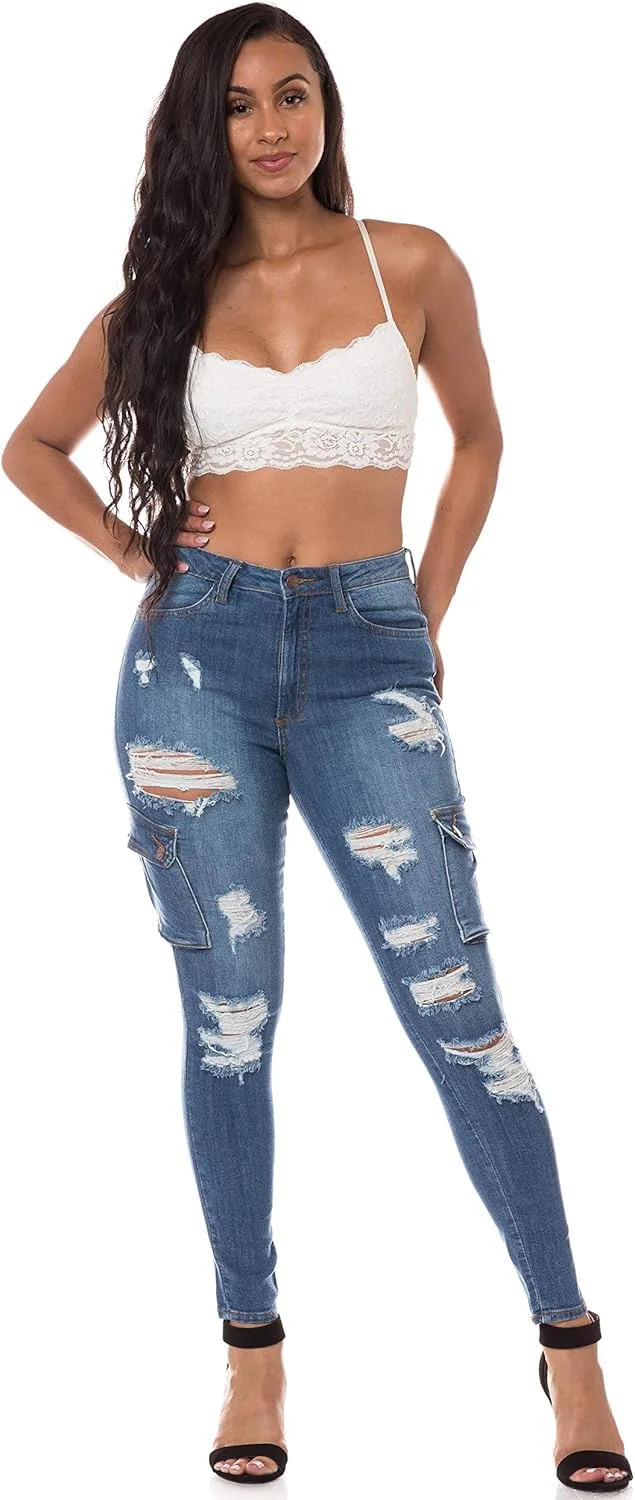 

Женские джинсы Aphrodite Skinny Cargo с высокой посадкой, эффектом потертостей и разрывами AP Blue