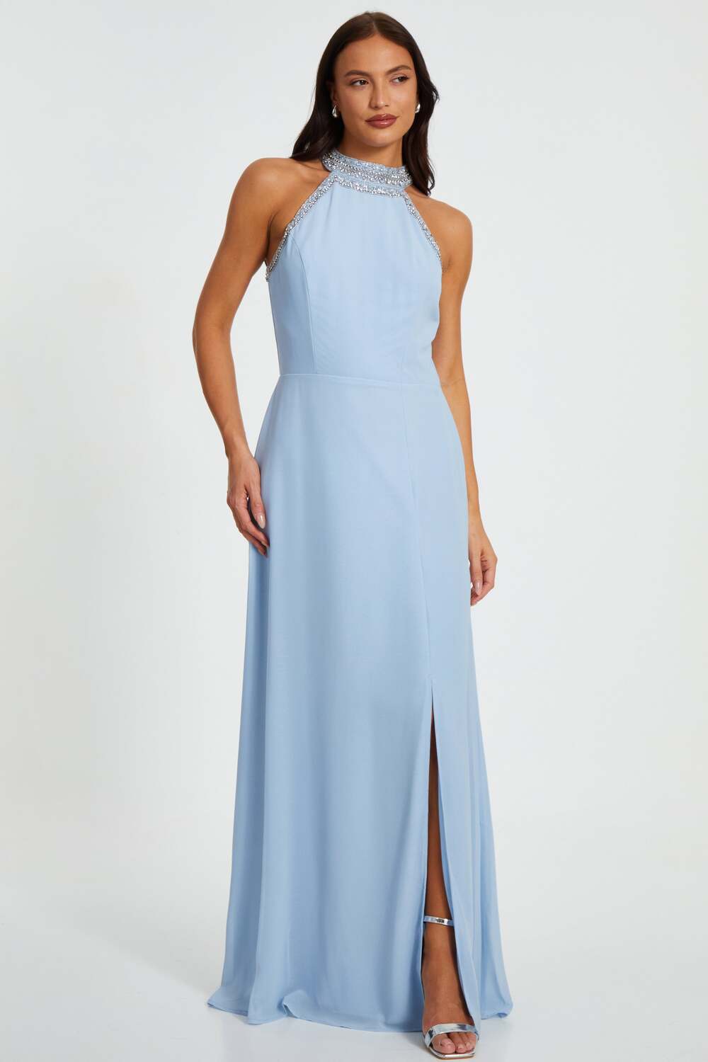 

QUIZ Женское шифоновое макси-платье с декором и бретелями на шее, светло-голубой