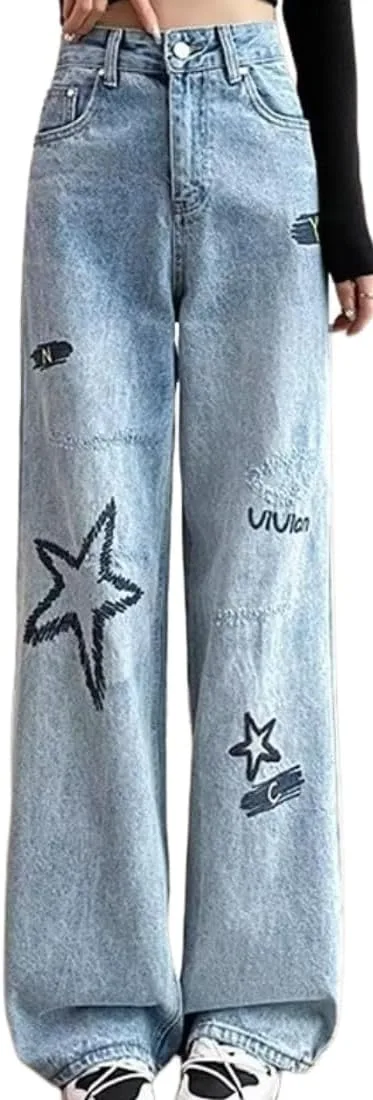 

Женские джинсы с вышивкой звездами, высокие, свободные, рваные Lexamen
