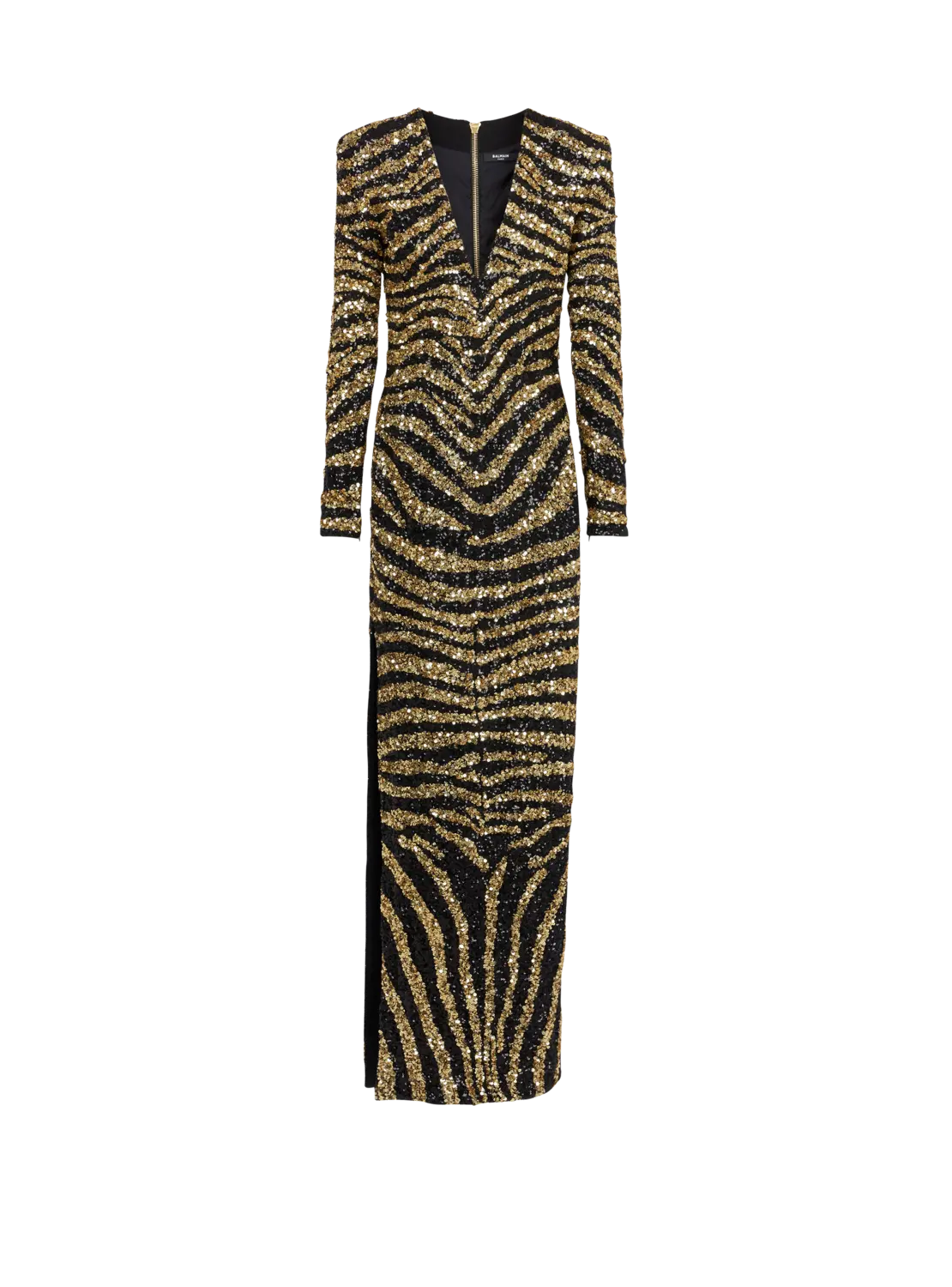 

Длинное платье с вышивкой зебра Balmain, золото
