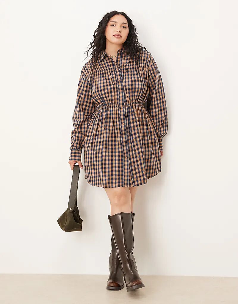 

Платье-рубашка мини ASOS DESIGN Curve с присборенной талией в светло-коричневую клетку
