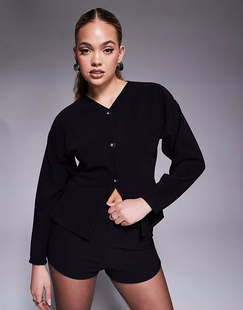 

Топ ASOS DESIGN, черный, с ребристыми рукавами-фонариками и застежкой на пуговицы