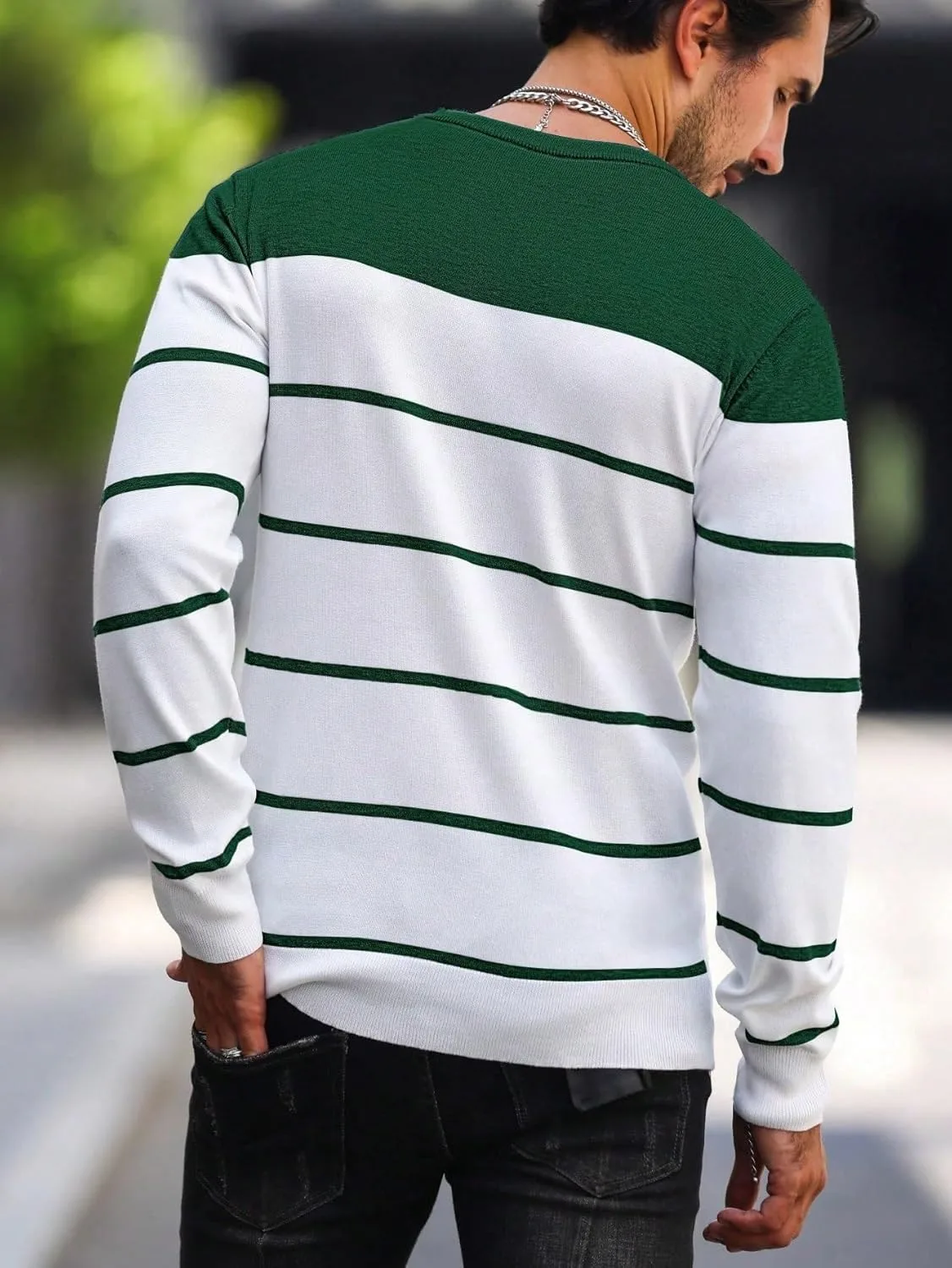 Мужской свитер с круглым вырезом и длинными рукавами, Slim Fit, в полоску — фото 3