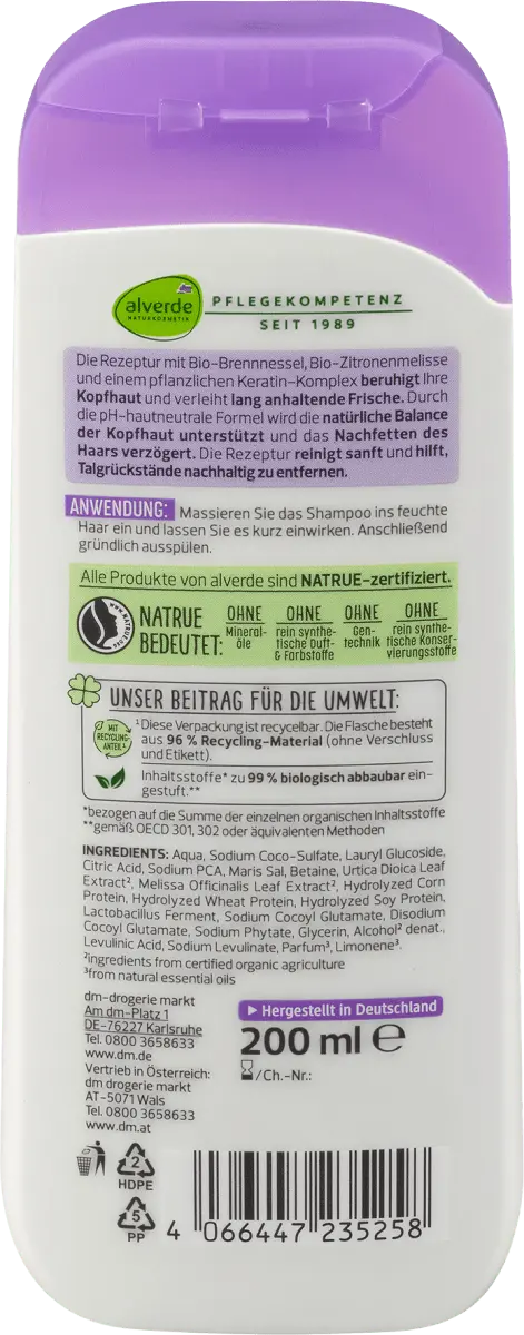 Шампунь Anti Fett Bio-Brennnessel Био-Зитроненмелисс 200мл alverde NATURKOSMETIK — фото 3