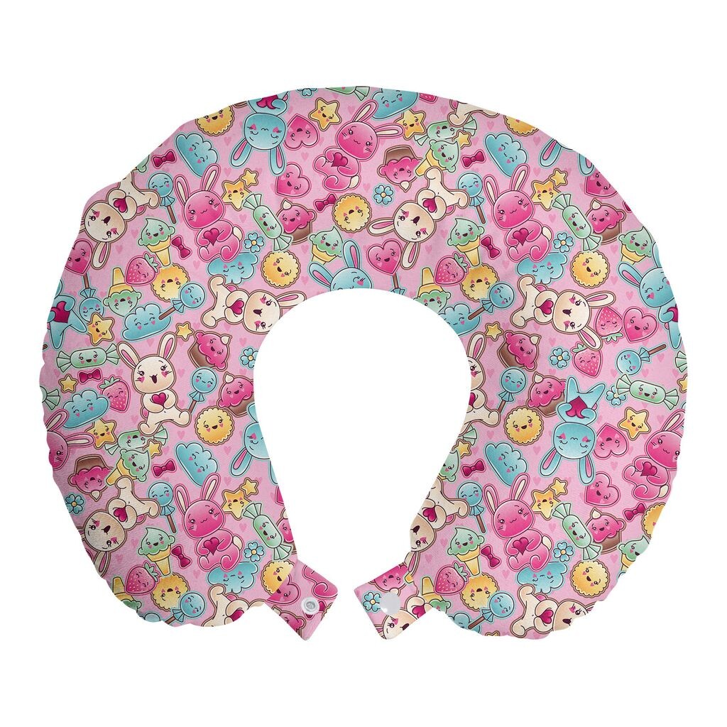 

ABAKUHAUS Baby Travel Подушка для шеи, Kawaii Rabbits and Candy, Пенопластовые дорожные принадлежности для самолета и автомобиля, 30x30 см, Розовая бирюзовая горчица