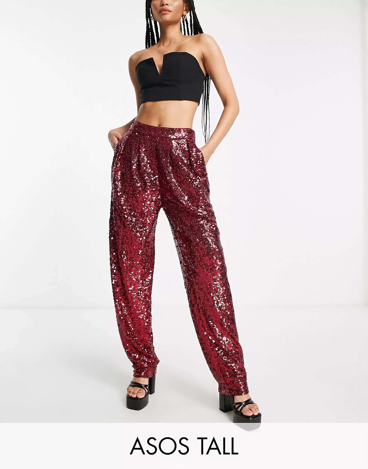 

Рубиновые брюки с напуском с пайетками ASOS Tall, Красный, Рубиновые брюки с напуском с пайетками ASOS Tall