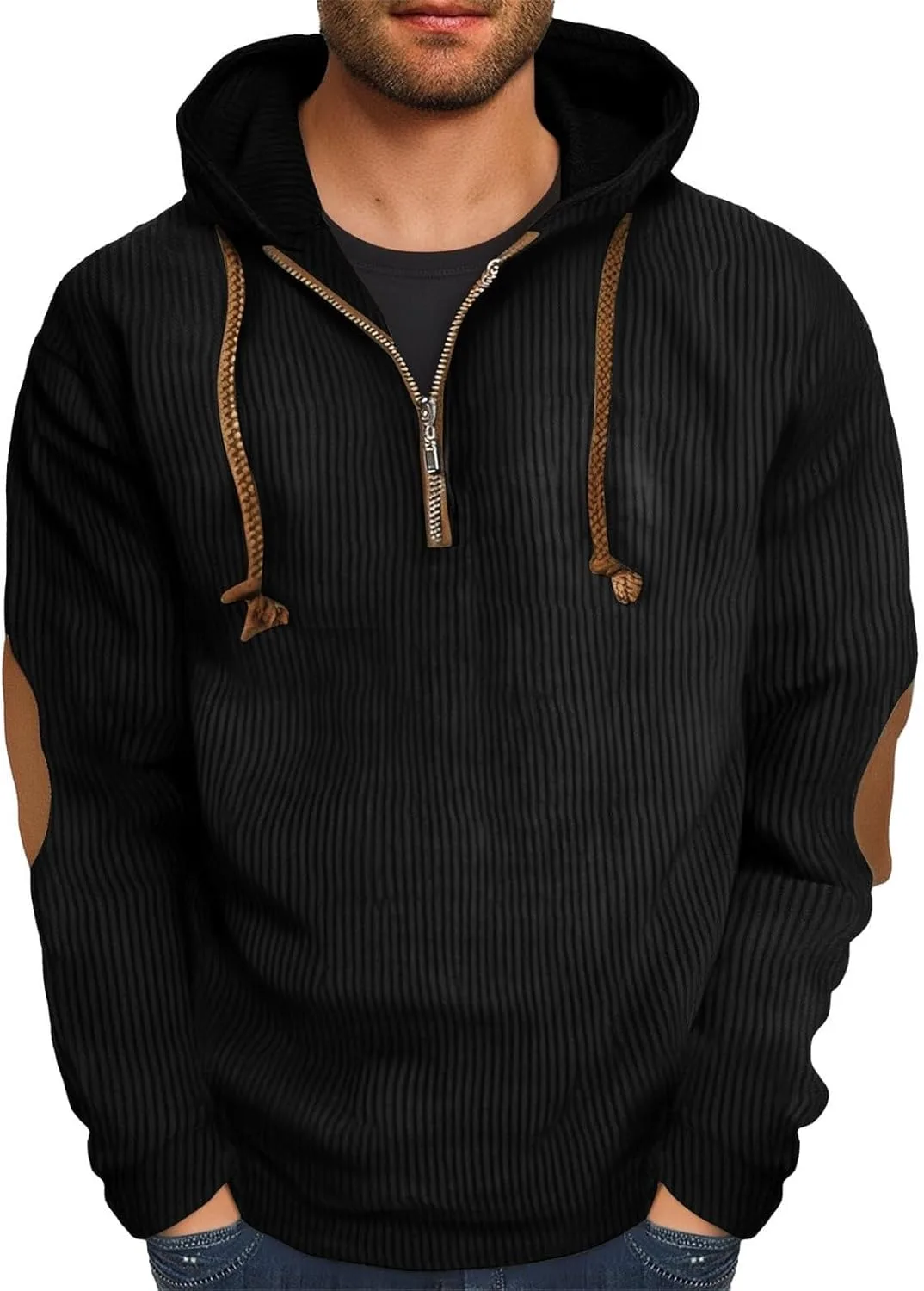 

Мужская толстовка с капюшоном и молнией на четверть, вельвет, с нашивками на локтях