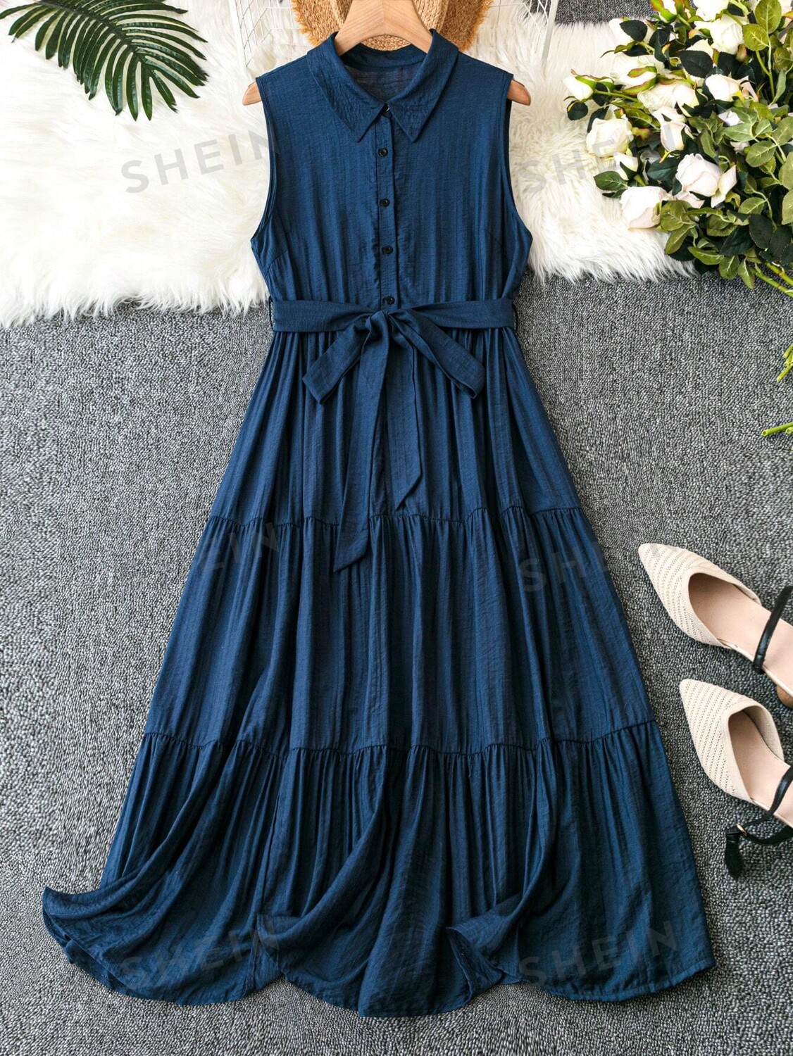 

JORESS Платье Plus, талия на кулиске, Однотонное, многослойный низ Shein, темно-синий