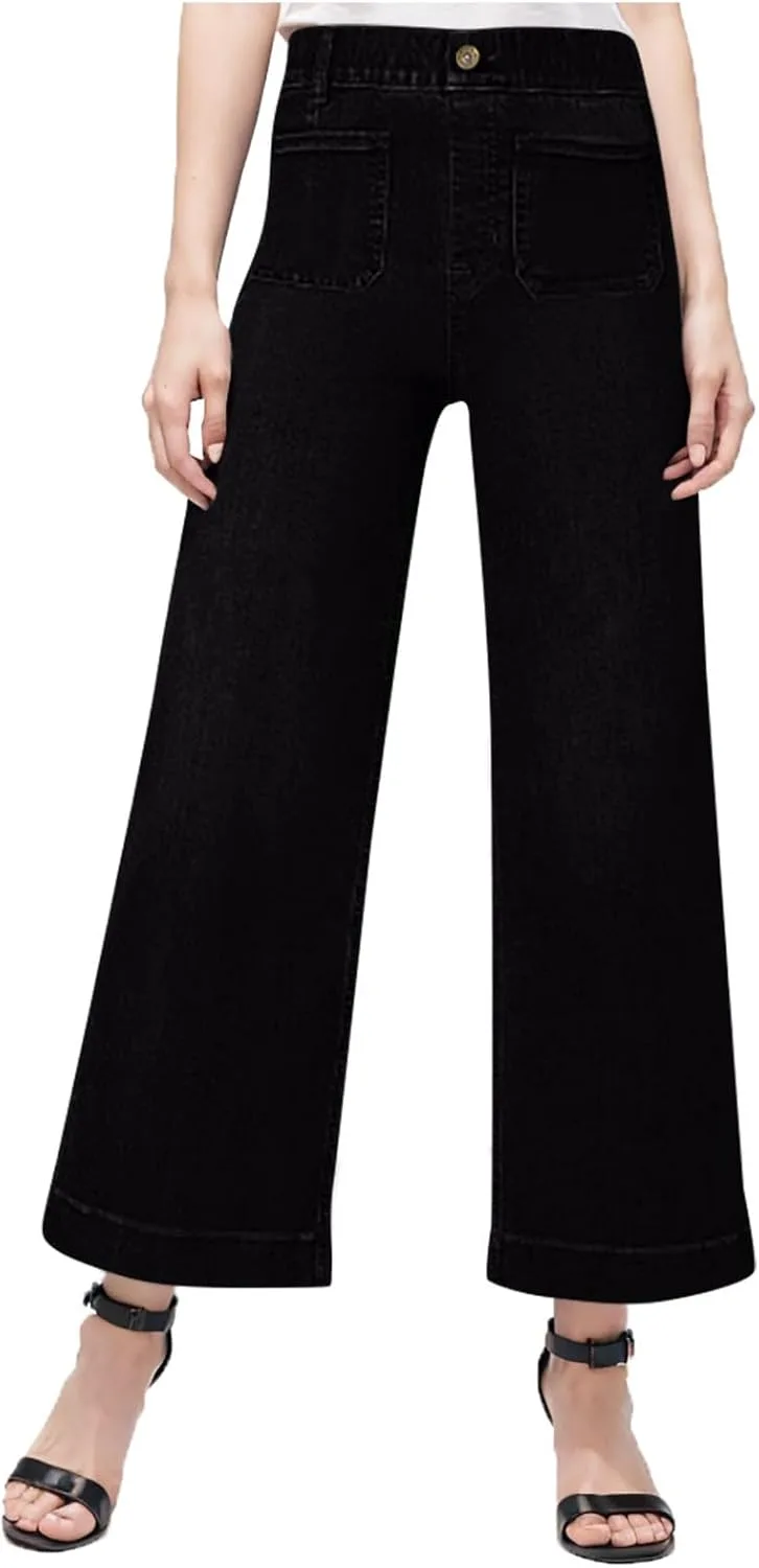 

Женские джинсы-капри с широкими штанинами, завышенной талией и расклешенным кроем