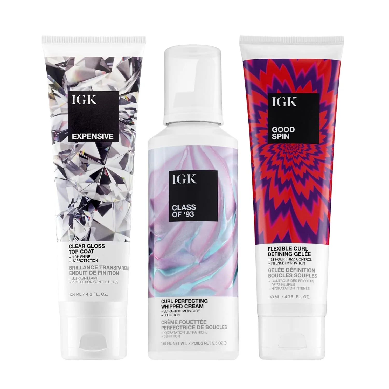 Набор для укладки волос IGK Expensive Shine Gloss Treatment + Class of ’93 Texture & Hold Cream + Good Spin Curl Defining Gelee для гладкости, определения локонов и контроля над пушистостью, веганский, без жестокости