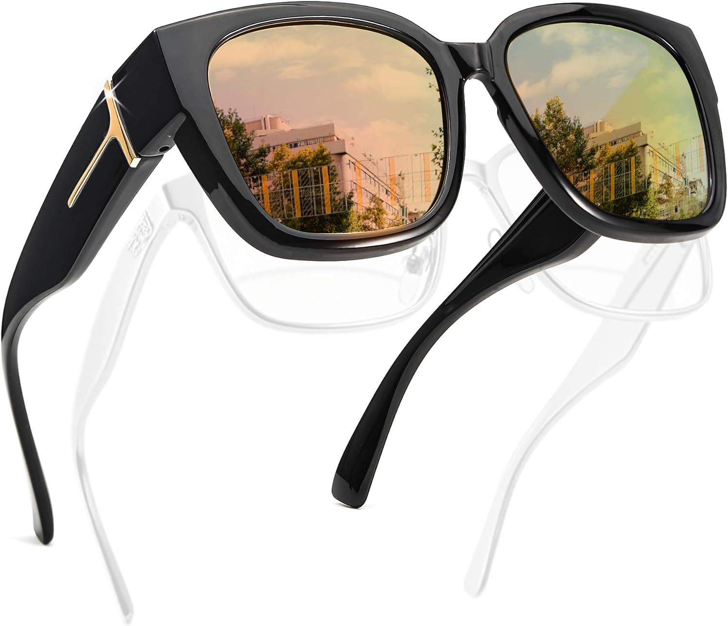 

Солнцезащитные очки FancyPink Polarized Fit Over Glasses для женщин с защитой от УФ-излучения - зеркальные очки, модные большие квадратные солнцезащитные очки, A11-black Frame Floralgold Glasses