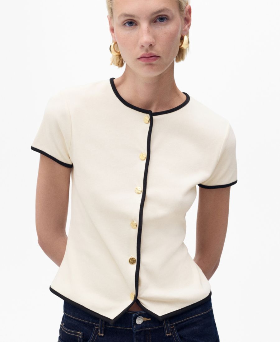 

Женская хлопковая футболка с контрастной отделкой MANGO, Ecru