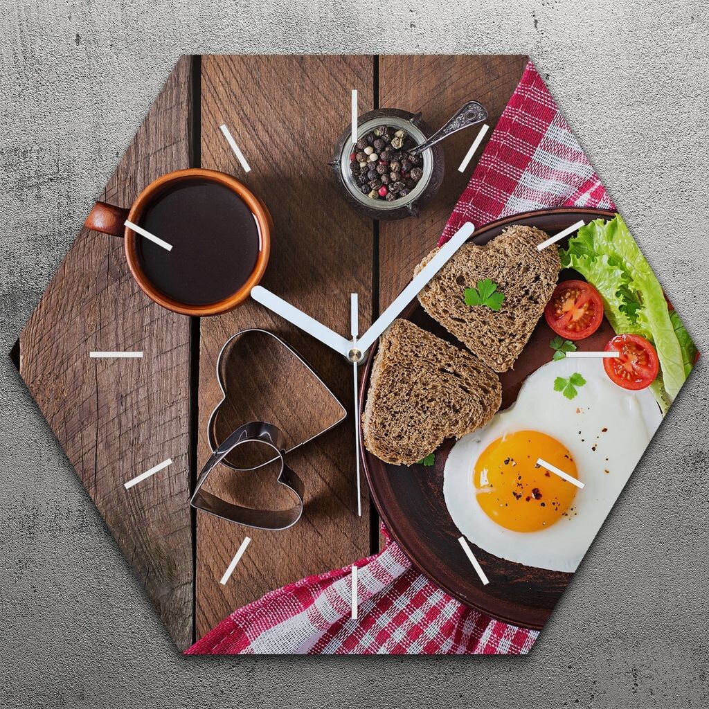 

Часы шестигранные 40 см стекло Тихие белые стрелки - яичница и хлеб TastyPrints, белый