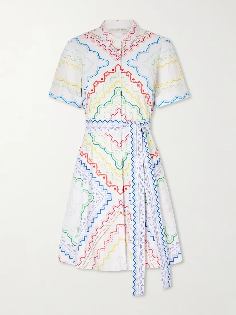 Платье-миди из хлопковой смеси с принтом и поясом Mary Katrantzou, мультицвет