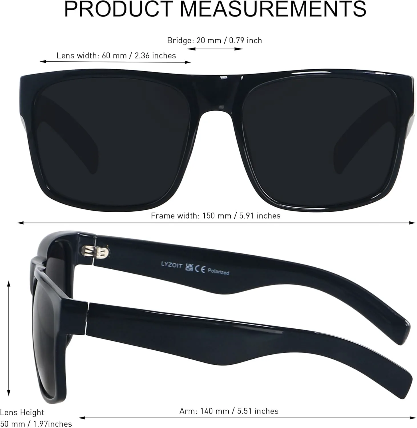 

Солнцезащитные очки LYZOIT Extra Large для мужчин с большой широкой головой, поляризованные, увеличенного квадратного размера, Glossy Black | Polarized Dark Black