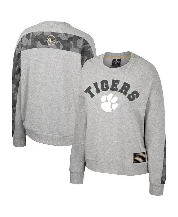 

Женский пуловер-свитшот в стиле милитари Clemson Tigers OHT Хизер Серый с флагом признательности и званием «летучая мышь» Colosseum, серый