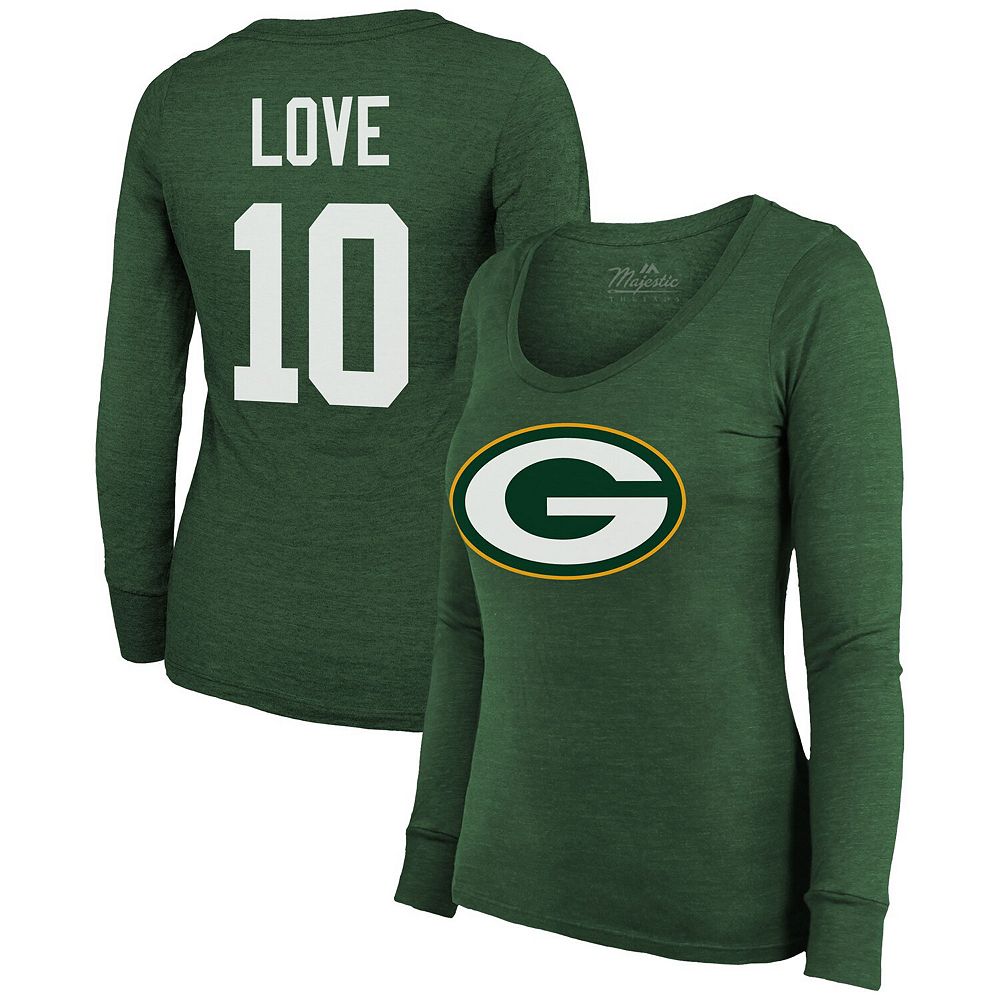 

Женская футболка Majestic Threads Jordan Love Green Green Bay Packers с длинными рукавами и круглым вырезом, футболка Tri-Blend с именем и номером, цвет Pkr Green