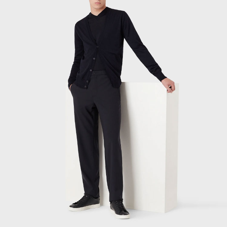 Простой трикотажный кардиган из шерсти Virgin wool с V-образным вырезом EMPORIO ARMANI, синий — фото 4
