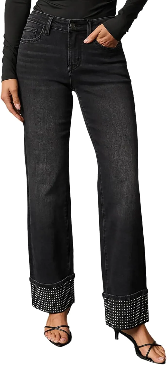 

Женские джинсы с высокой талией и прямыми штанинами, с пайетками YADMISU