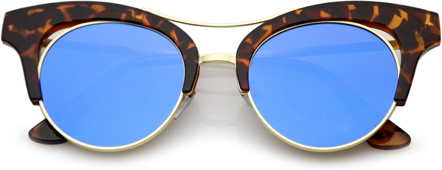 

zeroUV - Женские солнцезащитные очки с увеличенными линзами, оправой над переносицей, зеркальными линзами, круглыми плоскими линзами, в форме «кошачьего глаза», диаметр линзы 51 мм, Tortoise-gold / Blue Mirror