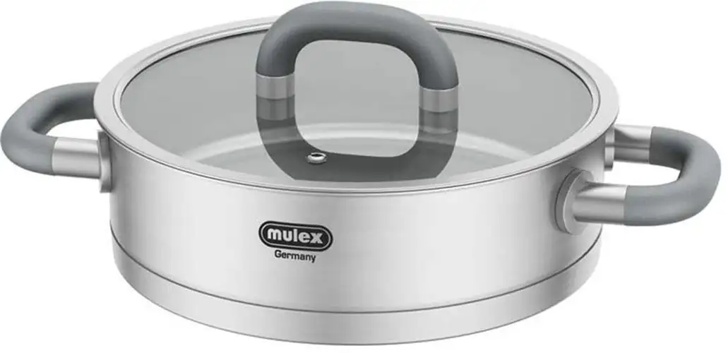 

Кастрюля Mulex "LUGANO", нержавеющая сталь 18/10, стеклянная крышка, сливной бортик, капсульное дно, Ø 24 см, 5 литров, индукционная, цвет Edelstahlfarben
