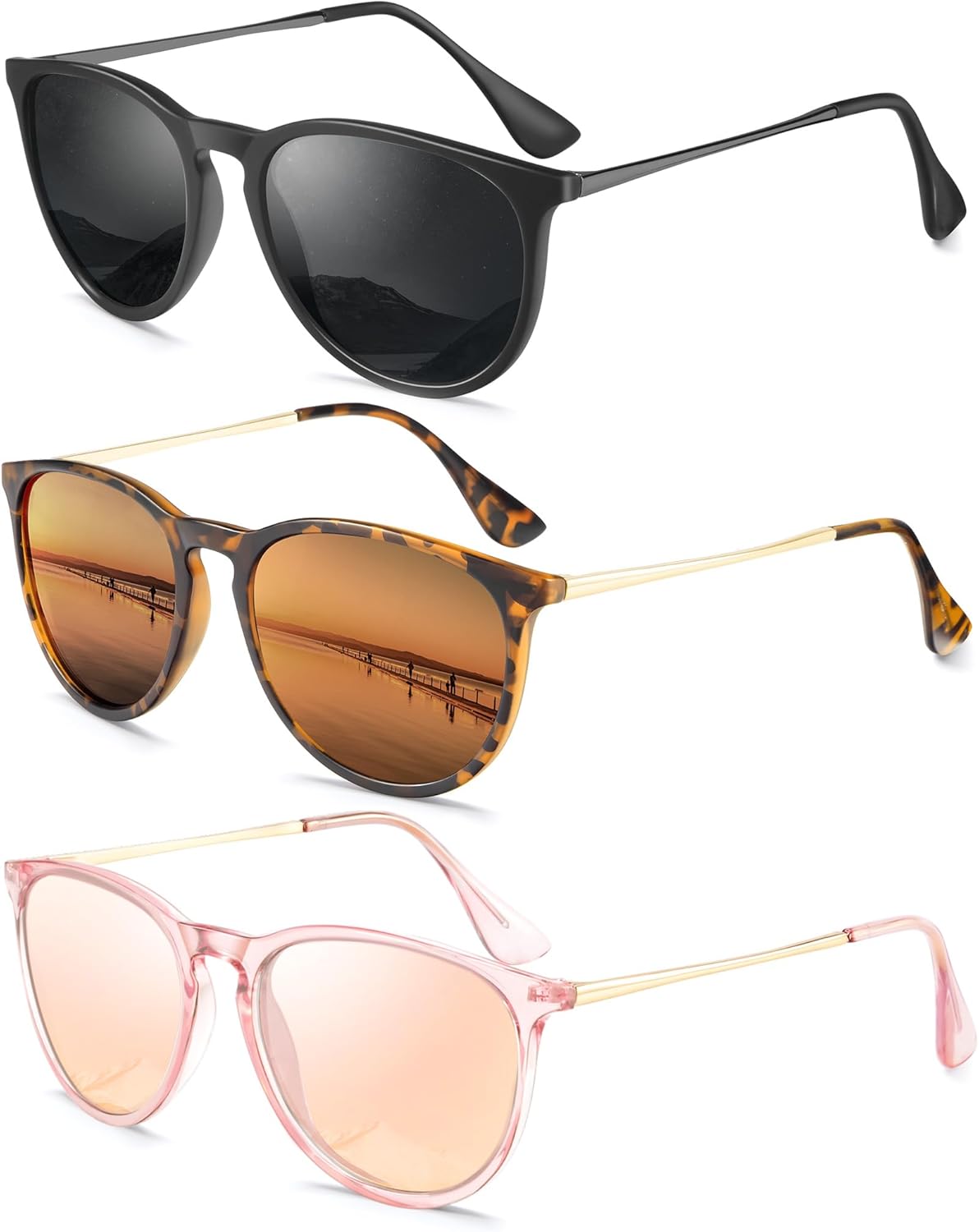 

Женские поляризованные солнцезащитные очки: ретро круглые солнцезащитные очки с защитой UV400, модный набор из 3 штук QALLY, Black/Grey + Matt Leopard/Brown + Crystal Pink/Champagne Gold