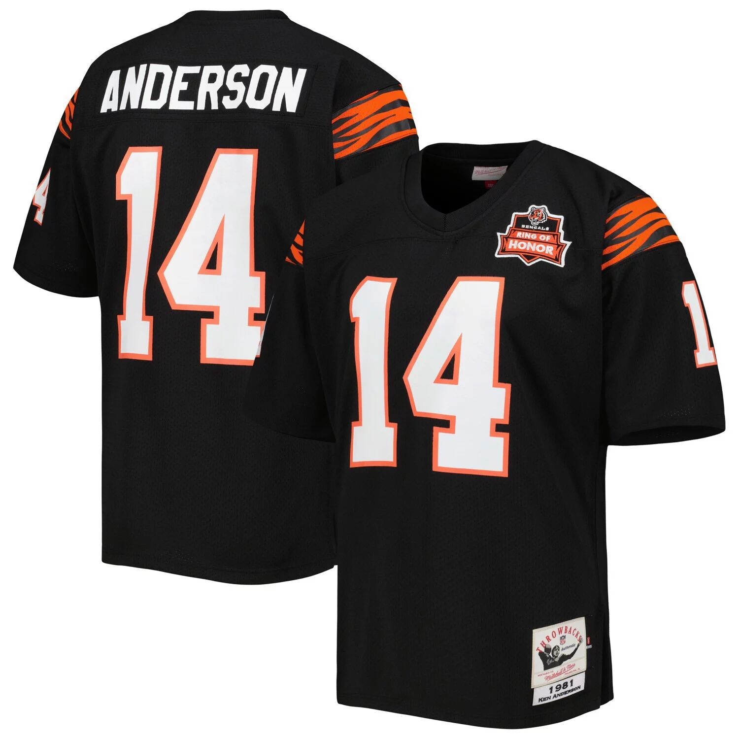 

Мужская черная футболка Mitchell & Ness Ken Anderson Cincinnati Bengals 1981 года, подлинная футболка игрока пенсионера, Черный, Мужская черная футболка Mitchell & Ness Ken Anderson Cincinnati Bengals 1981 года, подлинная футболка игрока пенсионера