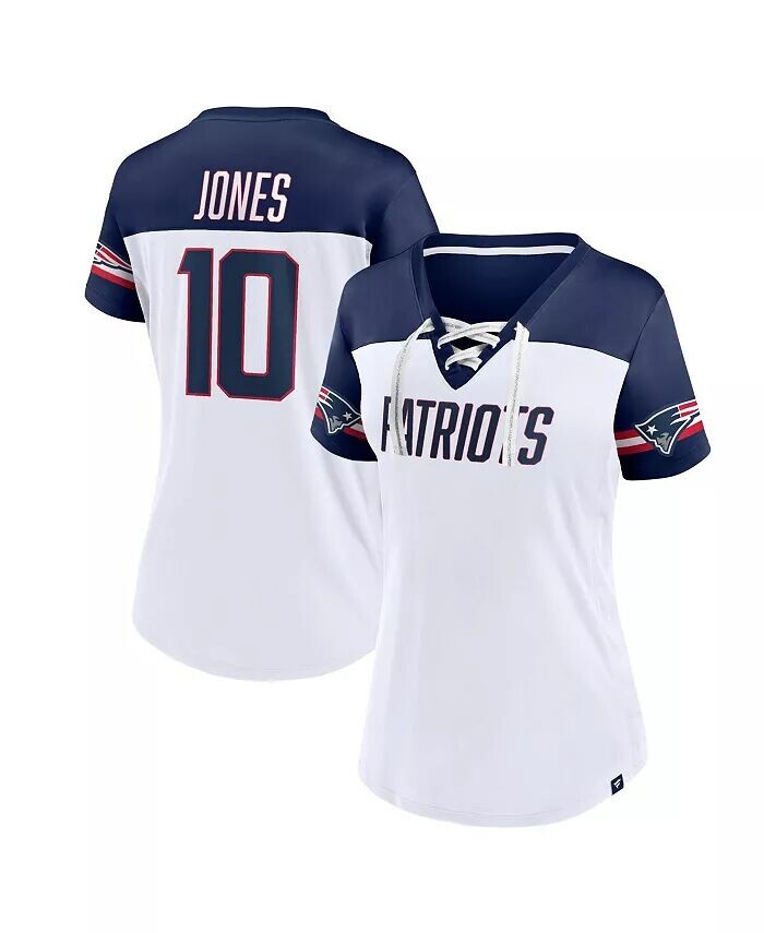 

Женский белый топ Mac Jones New England Patriots Athena с v-образным вырезом, имя и номер Fanatics
