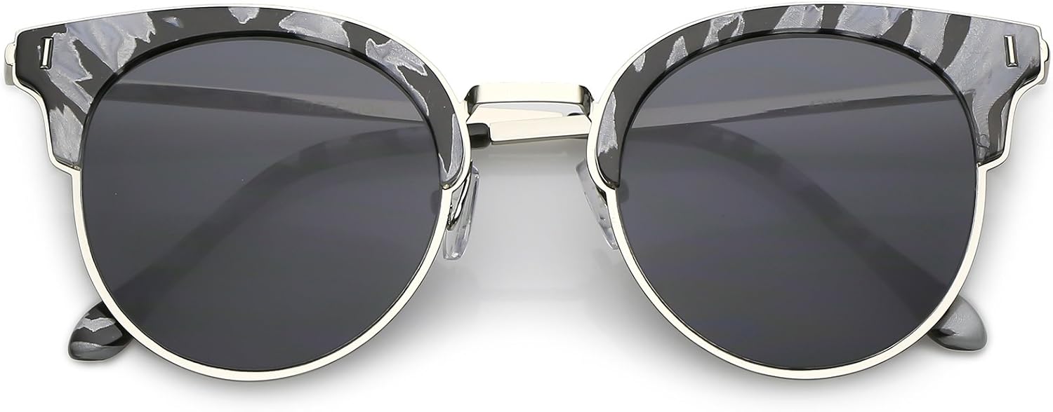 

zeroUV - Полуободковые солнцезащитные очки с мраморным принтом, тонкими дужками, круглыми плоскими линзами, в форме «кошачьего глаза», 48 мм, Black Gray Silver / Smoke