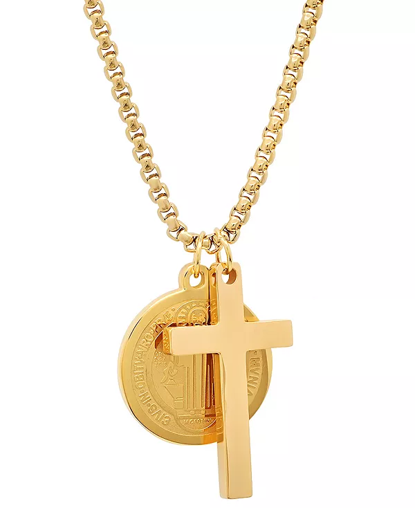 

Мужское ожерелье из нержавеющей стали с крестом и кулоном в виде святого Бенедикта, 24 дюйма Steeltime, gold