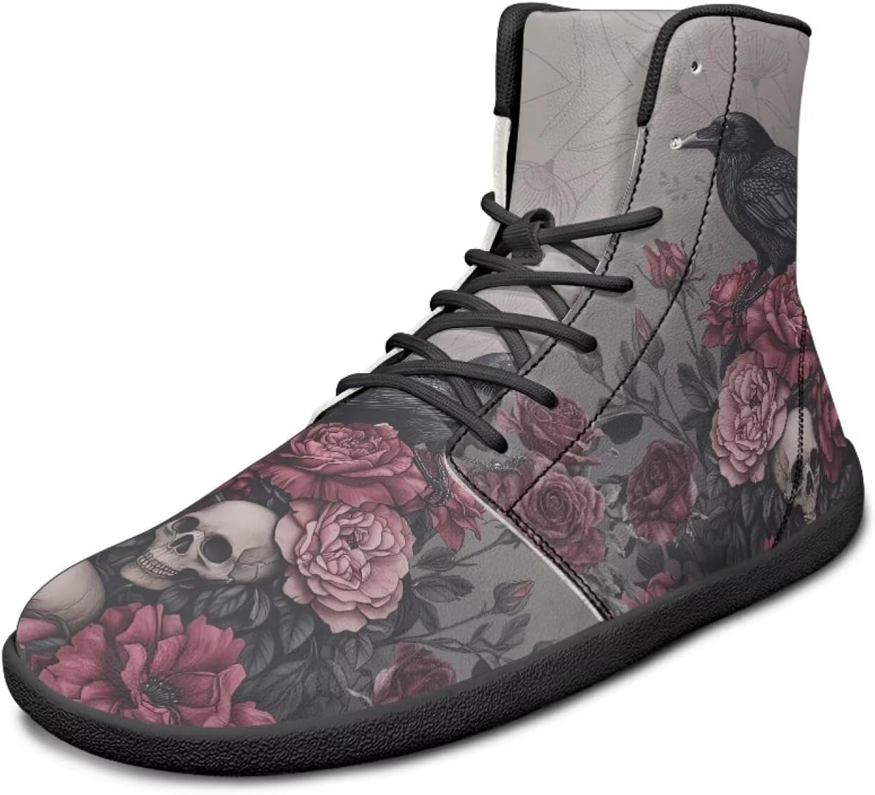 

Высокие кроссовки с рисунком птицы, ультралегкие, мужские, с широкой колодкой, ботинки, кроссовки для бега с нулевым перепадом Watdotory, Raven Skull Flower Design