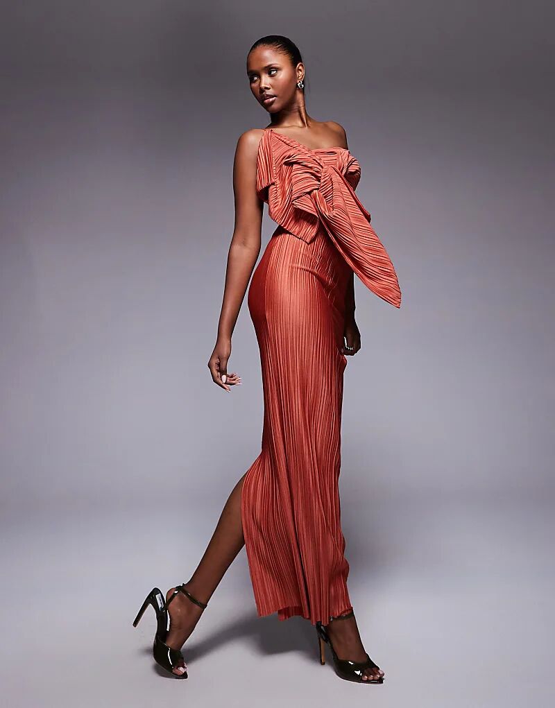 

Платье-бандо макси ASOS DESIGN с плиссированным вырезом и перекрученной отделкой цвета ржавчины