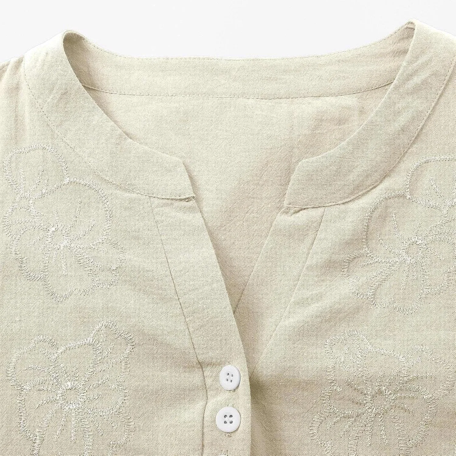 Блуза с вышивкой, льняная хлопковая, Women's Linen Cotton Neck Blouse, бежевый — фото 4