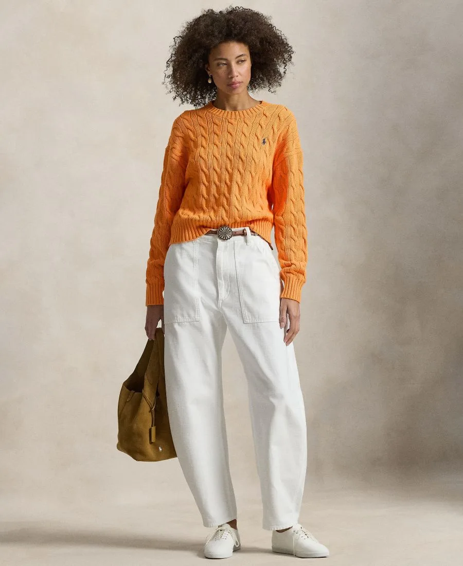 Женский хлопковый свитер крупной вязки с круглым вырезом Polo Ralph Lauren, Soft Clementine — фото 2