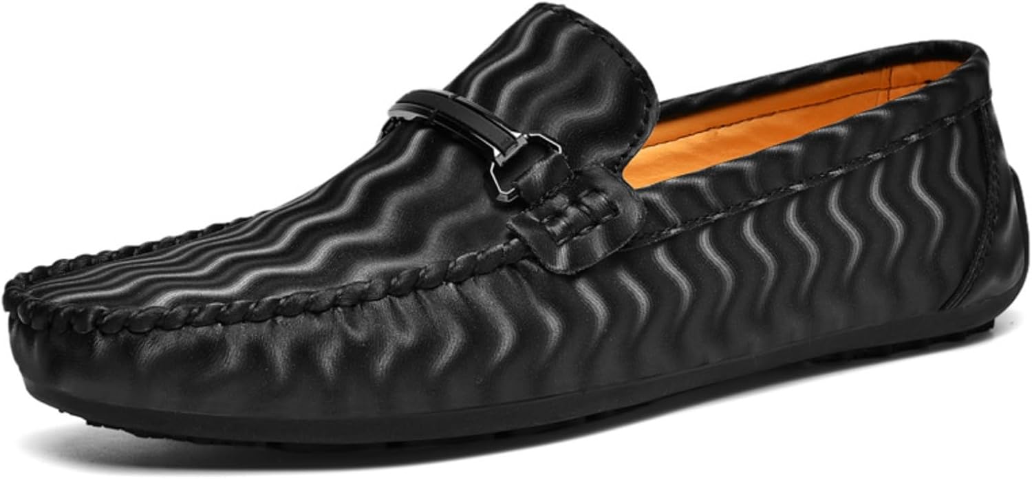 

Мужские кожаные лоферы с декором Horsebit, волнистая текстура, без шнуровки, комфортные, стиль «смокинг», пенни-лоферы, легкие, нескользящие, повседневные, работы в офисе, поездок по городу, прогулок и путешествий, обувь для лодки Yrzhgdl, черны...