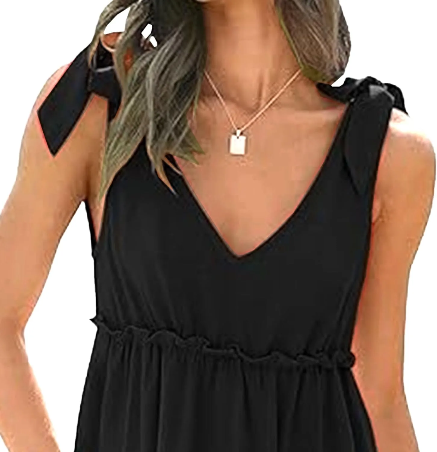 Летние платья для женщин 2025 года: повседневное летнее платье без рукавов с V-образным вырезом, завязками на плечах, многослойной оборкой и мини-платьем Generic, черный — фото 4