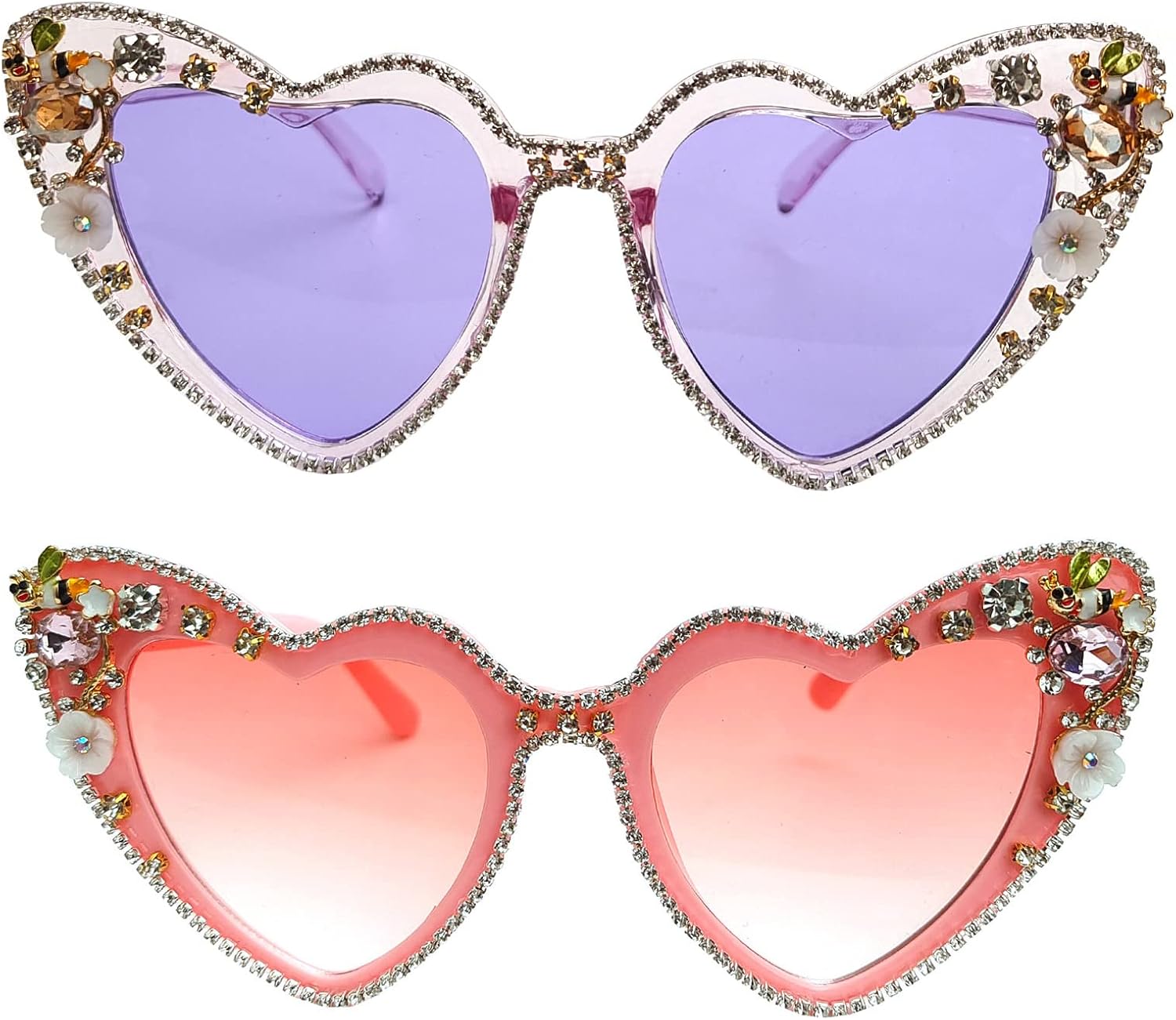 

Willochra Fashion Heart Женские солнцезащитные очки со стразами, блестящие солнцезащитные очки в форме сердца, женские солнцезащитные очки с бриллиантами для вечеринки, розовые очки, 2pcs-pink&purple