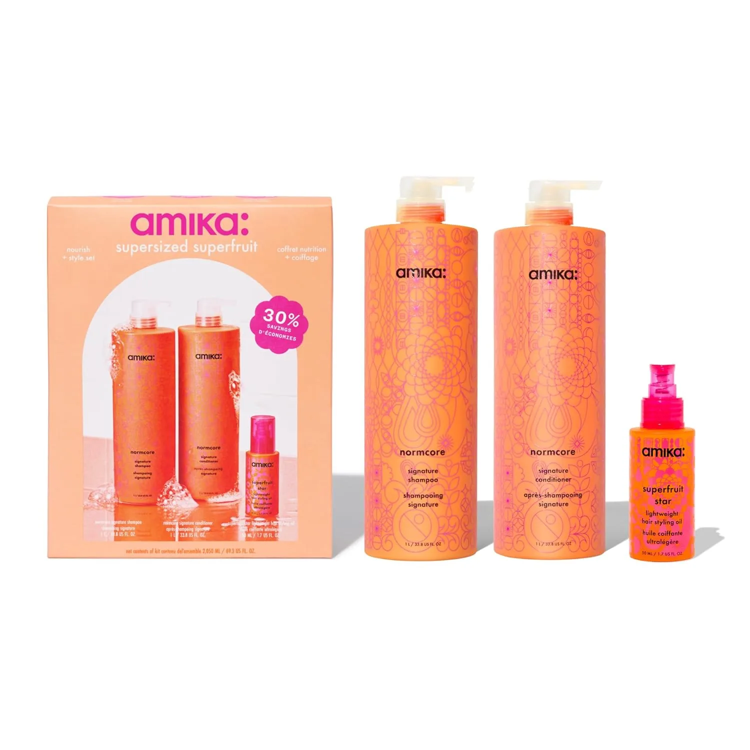 Набор Amika Supersized Superfruit Nourish + Style Set | Для тонких и густых волос типа 1-3c, желающих сделать волосы мягче и ухоженнее, литровый набор для мягких волос.