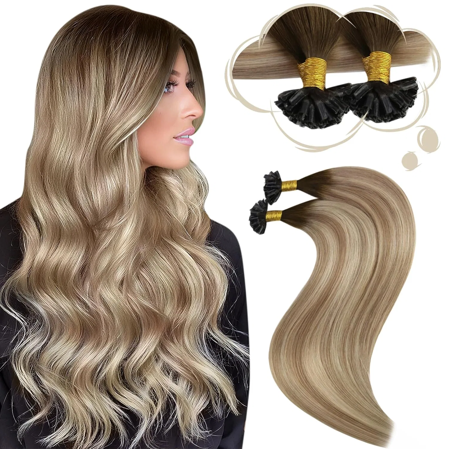 Наращивание волос Moresoo Remy Real Hair Extensions Bondings Hot Fusion, 35 см, темно-коричневый с блондом #3/8/22, 40 г Moresoo