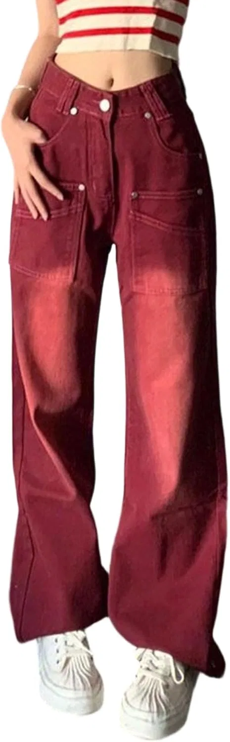 Джинсы прямые с широкой штаниной, Vintage, Red