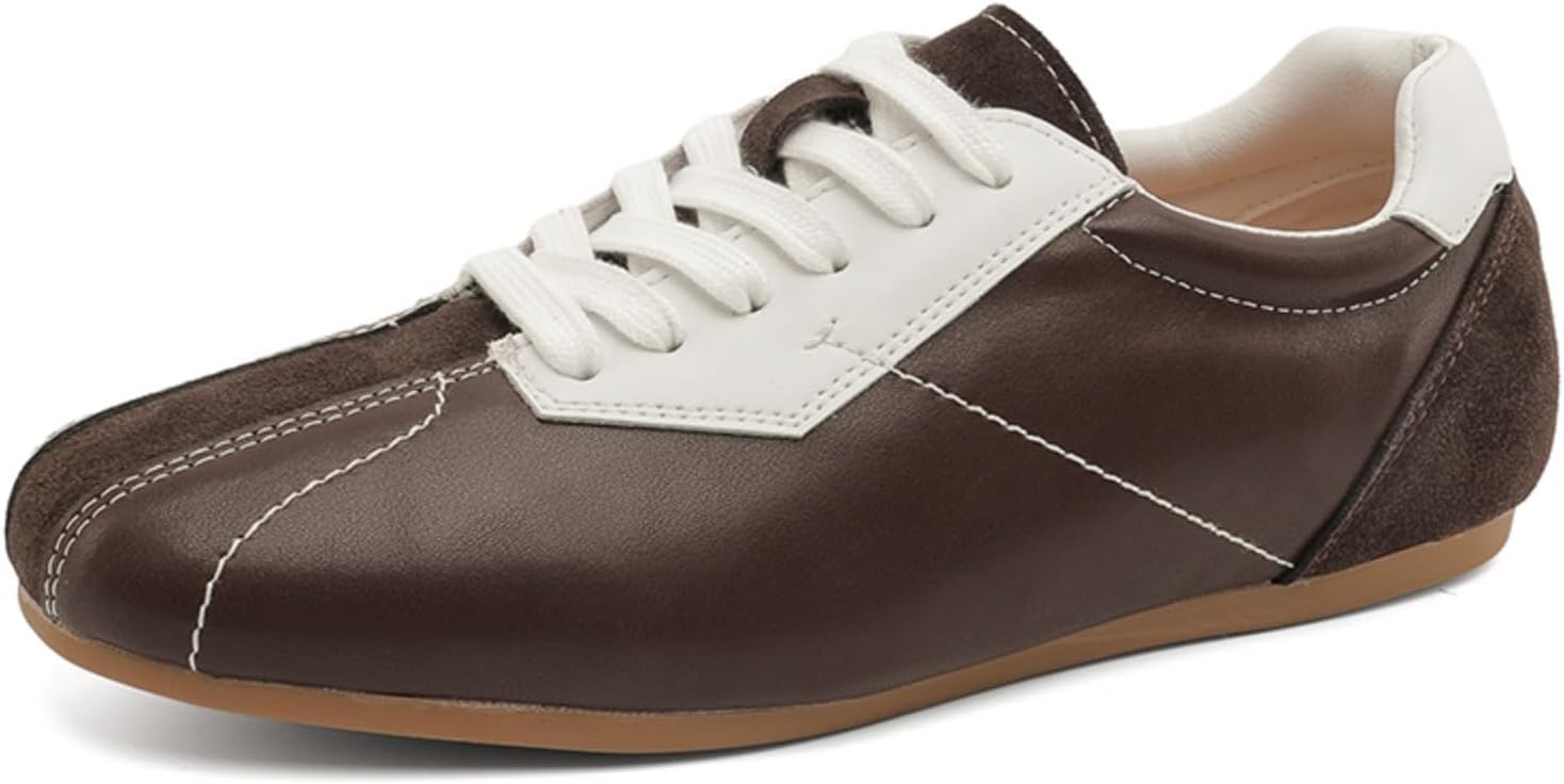 

Мужские двухцветные кожаные модные кроссовки, шнуровка, низкие, ретро спортивные повседневные туфли, удобные, легкие, нескользящие, дышащие для прогулок, работы в офисе, занятий теннисом, мягкие для вождения Yrzhgdl, коричневый