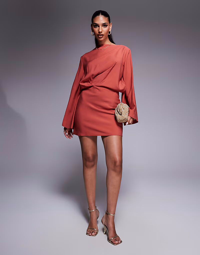 

ASOS DESIGN мини-платье с длинными рукавами и подвернутой талией в цвете ржавчины