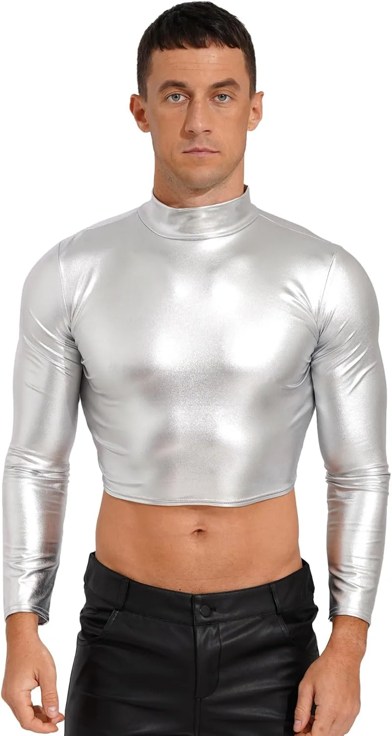 

Jelory мужская блестящая металлическая футболка с длинным рукавом